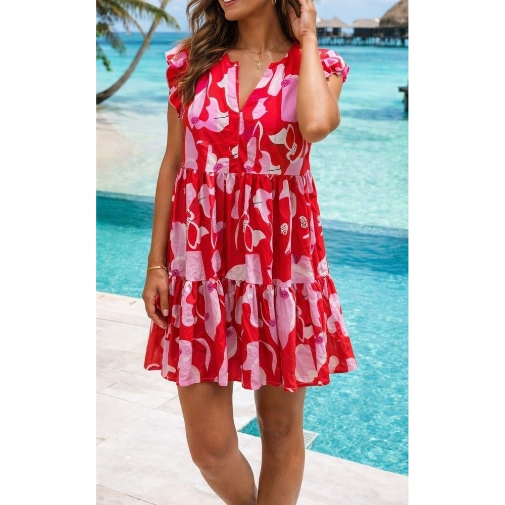 LONESS Women Red Pink Floral Tiered Ruffle Sleeve V Neck Midi Dress XL